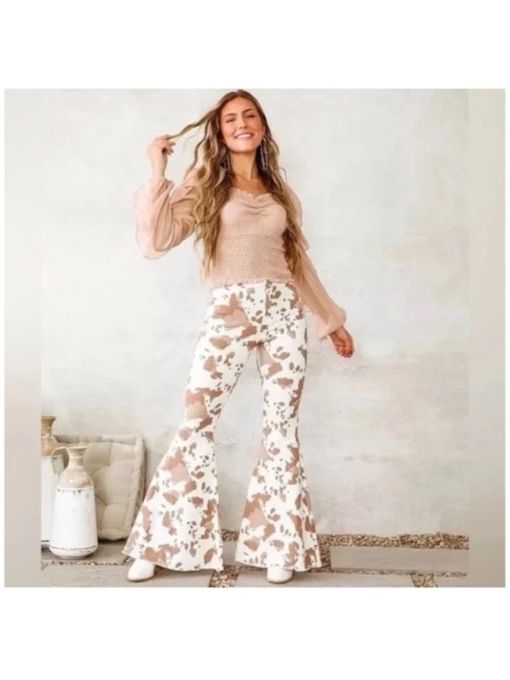 Altar'd State Cow Print Fringe High Rise Flares Festival Boho Size S
